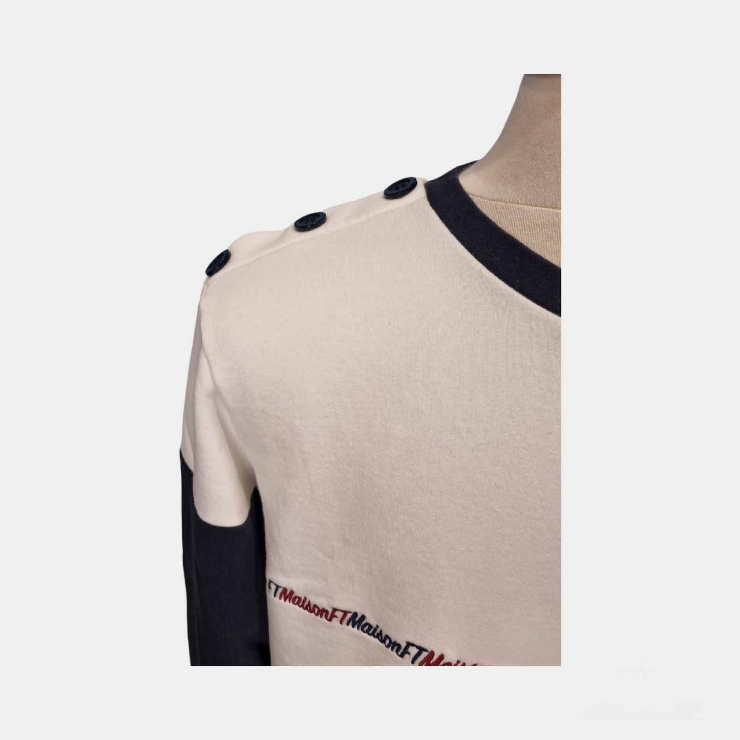Sweat col rond Maison FT – Blanc et bleu marine, 100% coton bio
