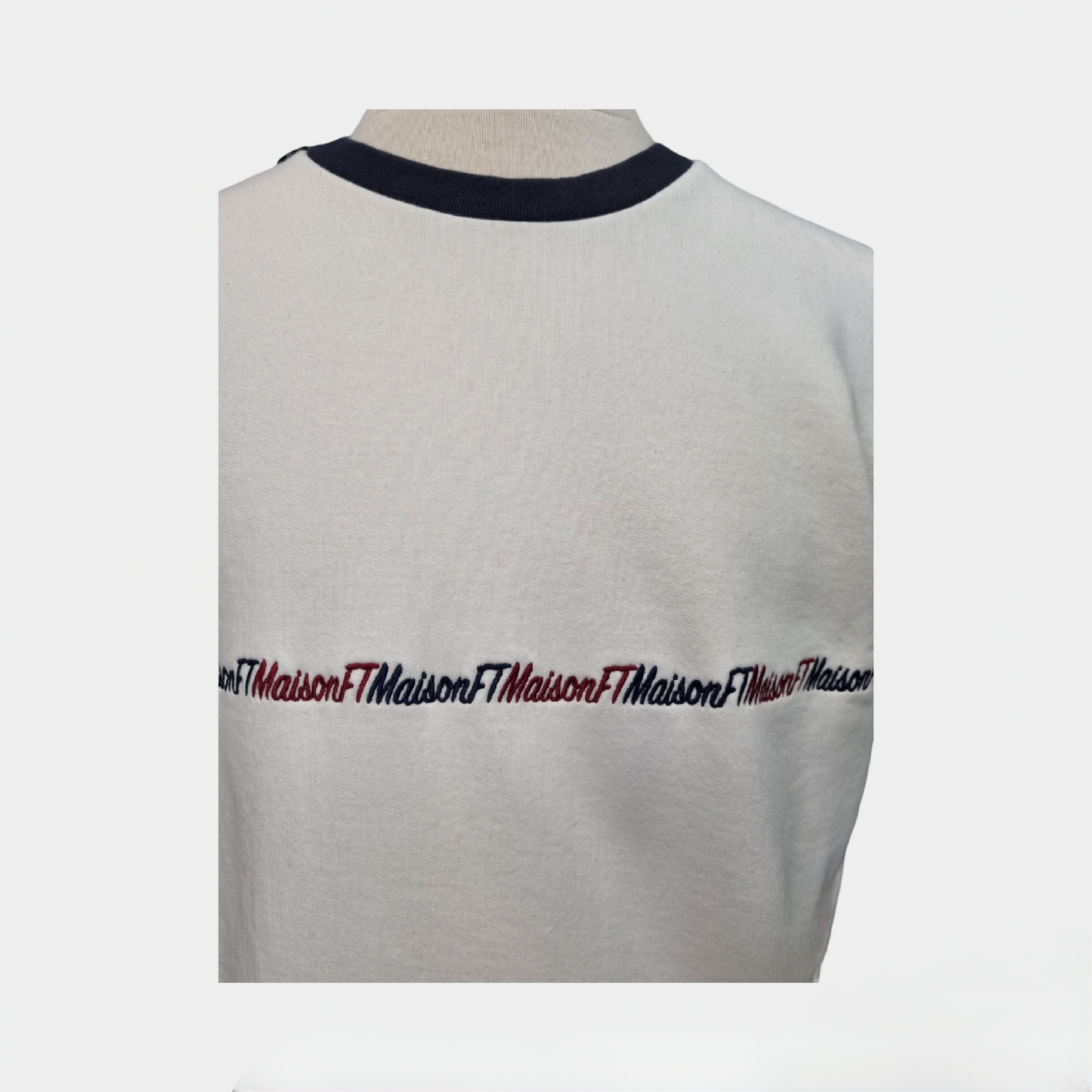 Sweat col rond Maison FT – Blanc et bleu marine, 100% coton bio