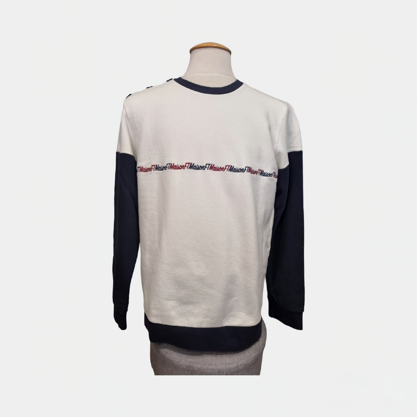 Sweat col rond Maison FT – Blanc et bleu marine, 100% coton bio