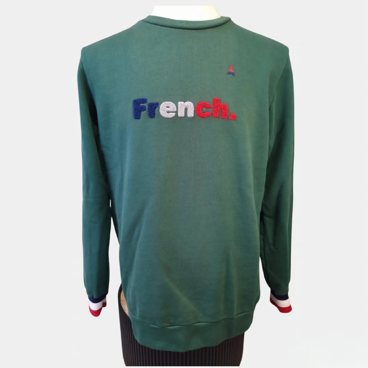 Pull sweat vert Maison FT 'French', lettres en moumoute
