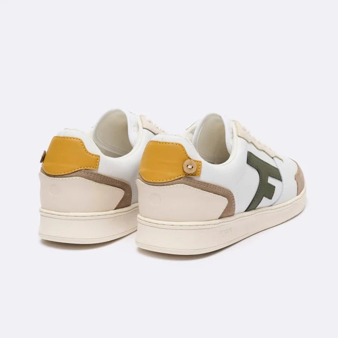 Vue de profil de la basket Hazel blanche, kaki et jaune FAGUO avec semelle en caoutchouc naturel