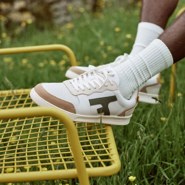Basket Hazel blanche, kaki et jaune FAGUO en cuir et nylon recyclé, semelle en caoutchouc naturel
