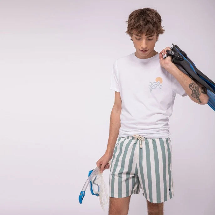 Short de bain FAGUO rayé écru et vert clair en polyester recyclé avec poches latérales et arrière