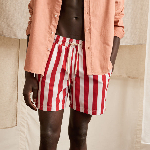 Short de bain FAGUO rayé rouge et blanc en polyester recyclé avec poches latérales et arrière